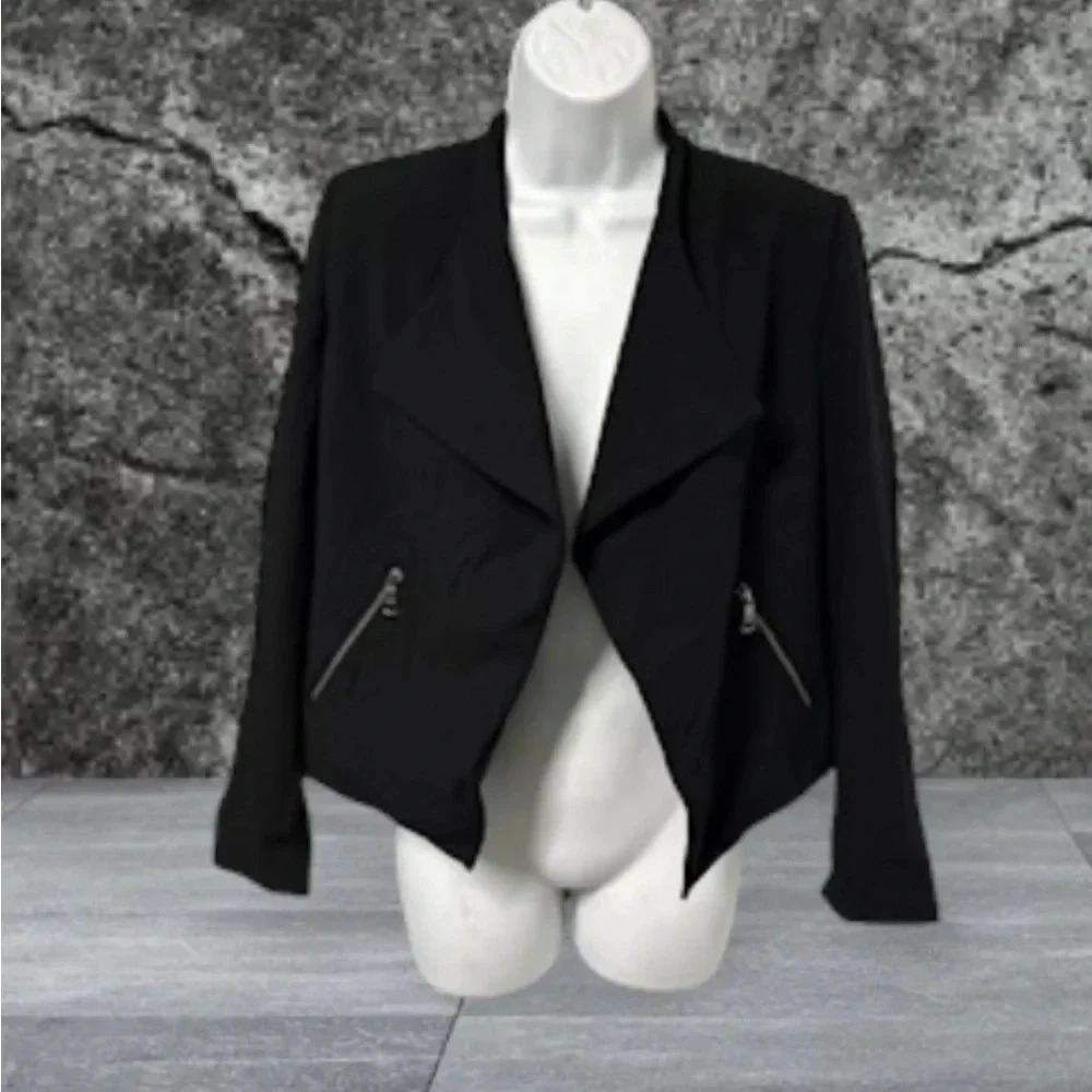 Banana‎ Republic Women’s 00 Black Cropped Open Jacket Zip Pockets Moto Edgy